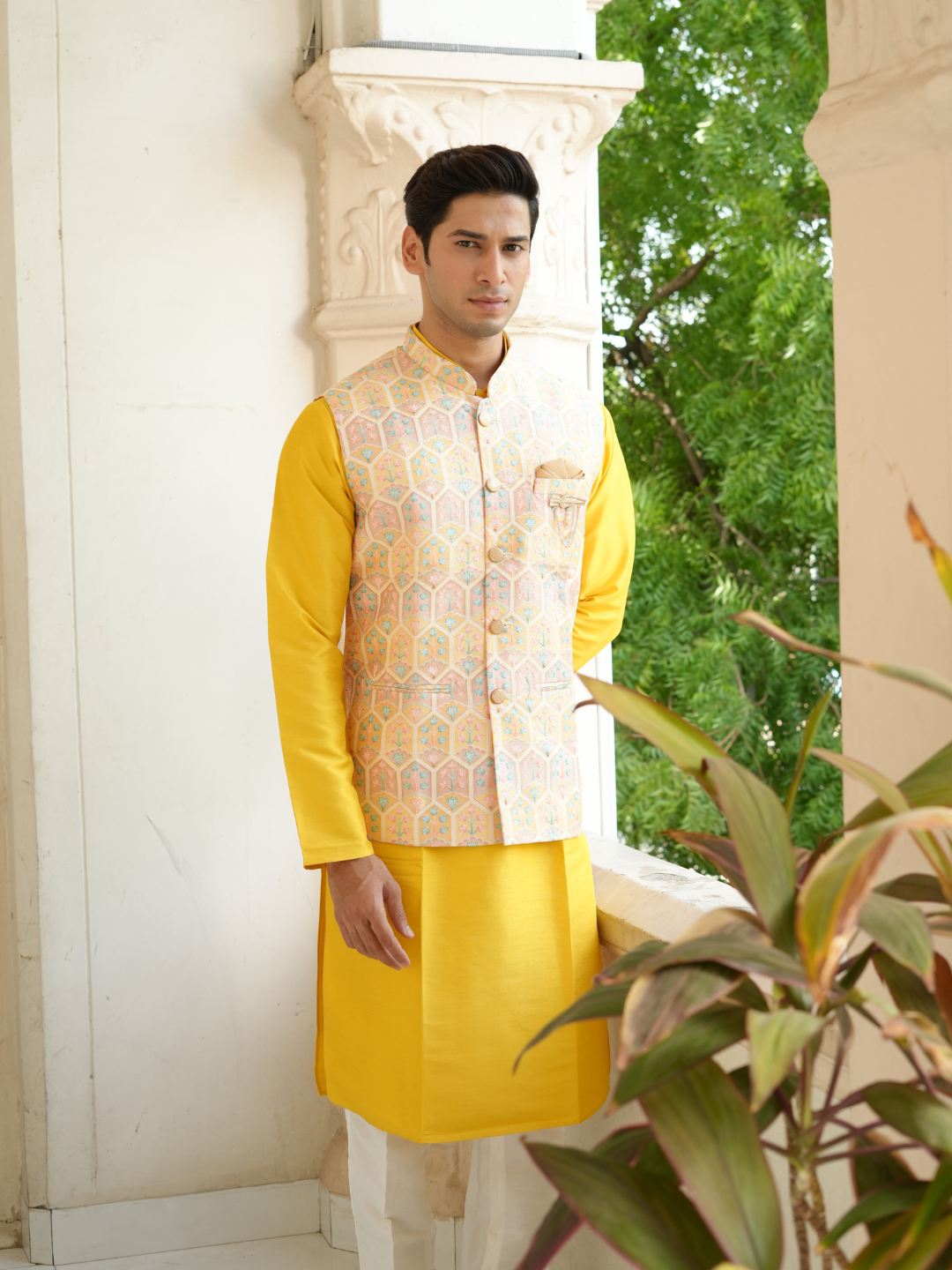 Yellow Kurta Nehru Jacket Trouser Set