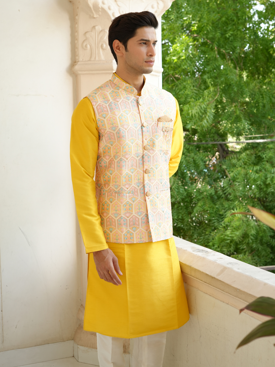 Yellow Kurta Nehru Jacket Trouser Set