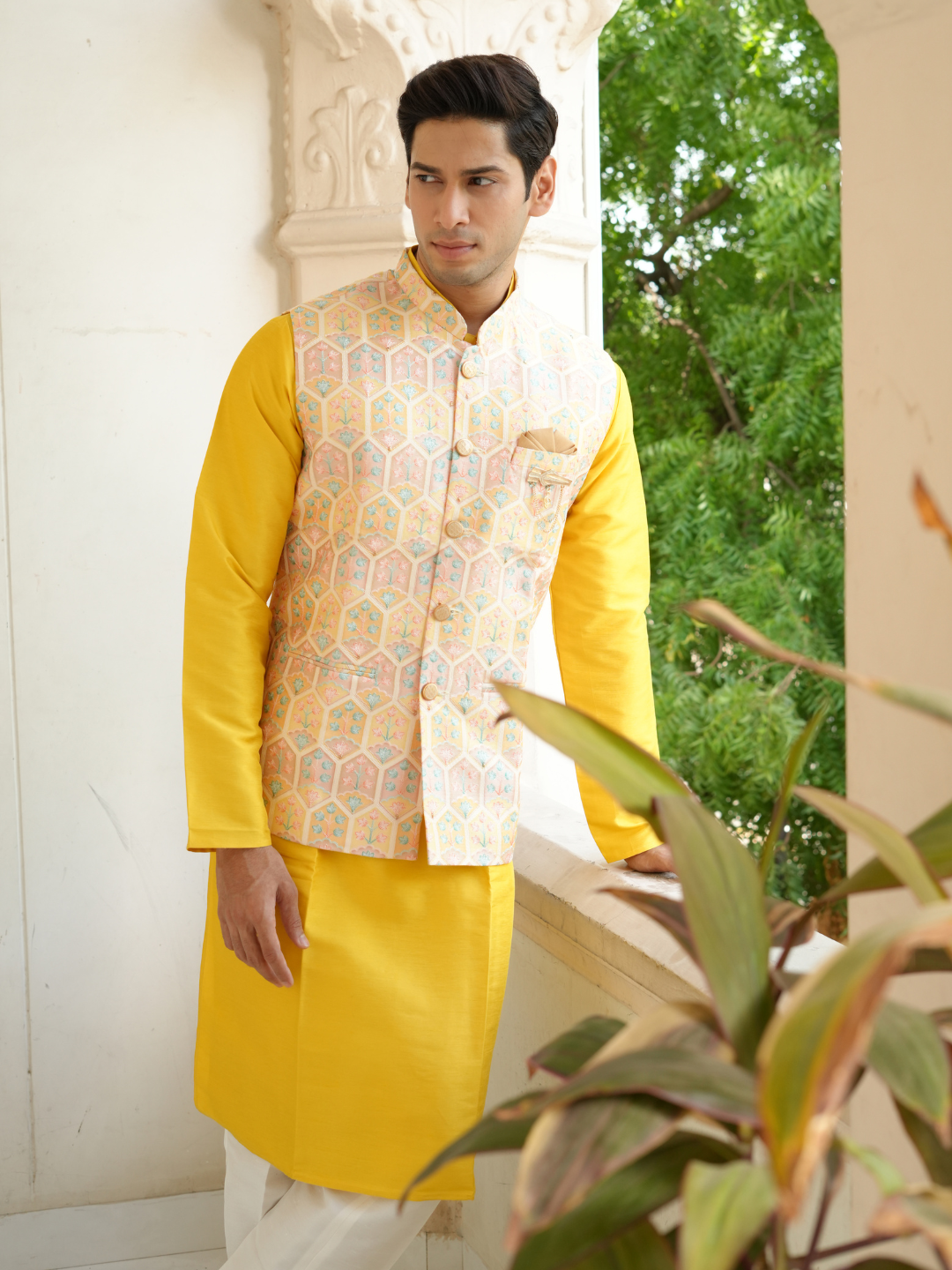 Yellow Kurta Nehru Jacket Trouser Set