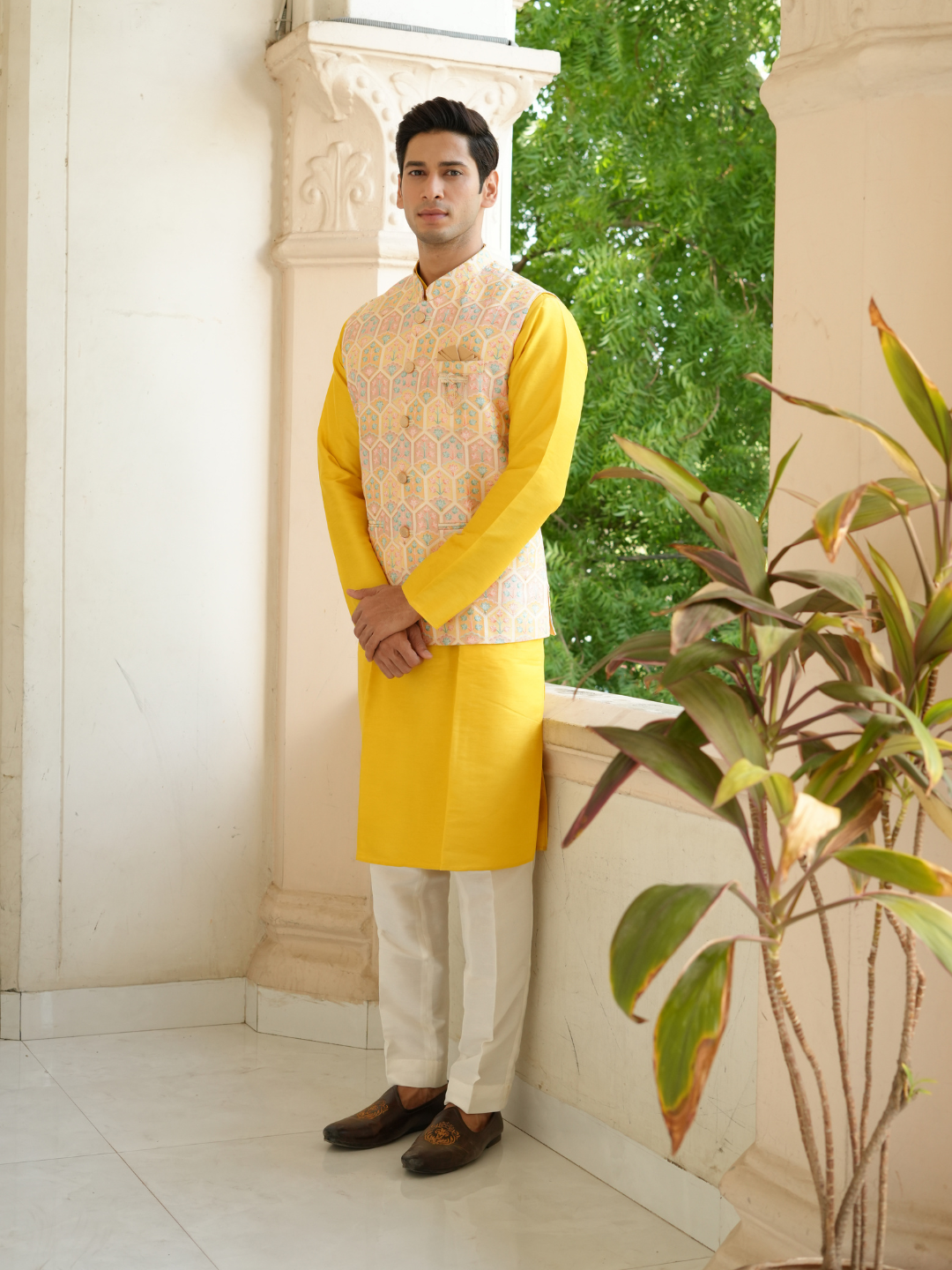 Yellow Kurta Nehru Jacket Trouser Set