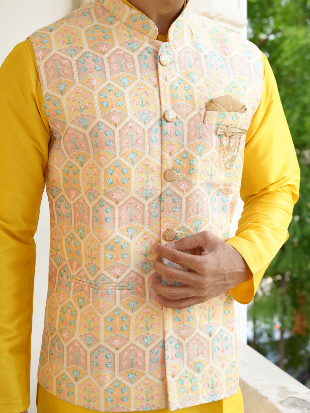 Yellow Kurta Nehru Jacket Trouser Set