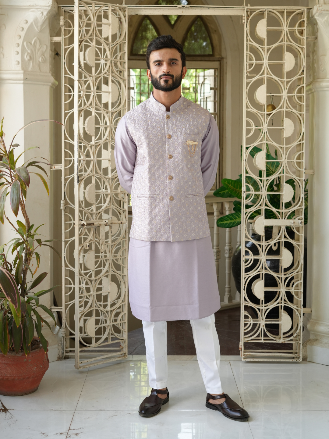 Lilac Kurta Nehru Jacket Trouser Set