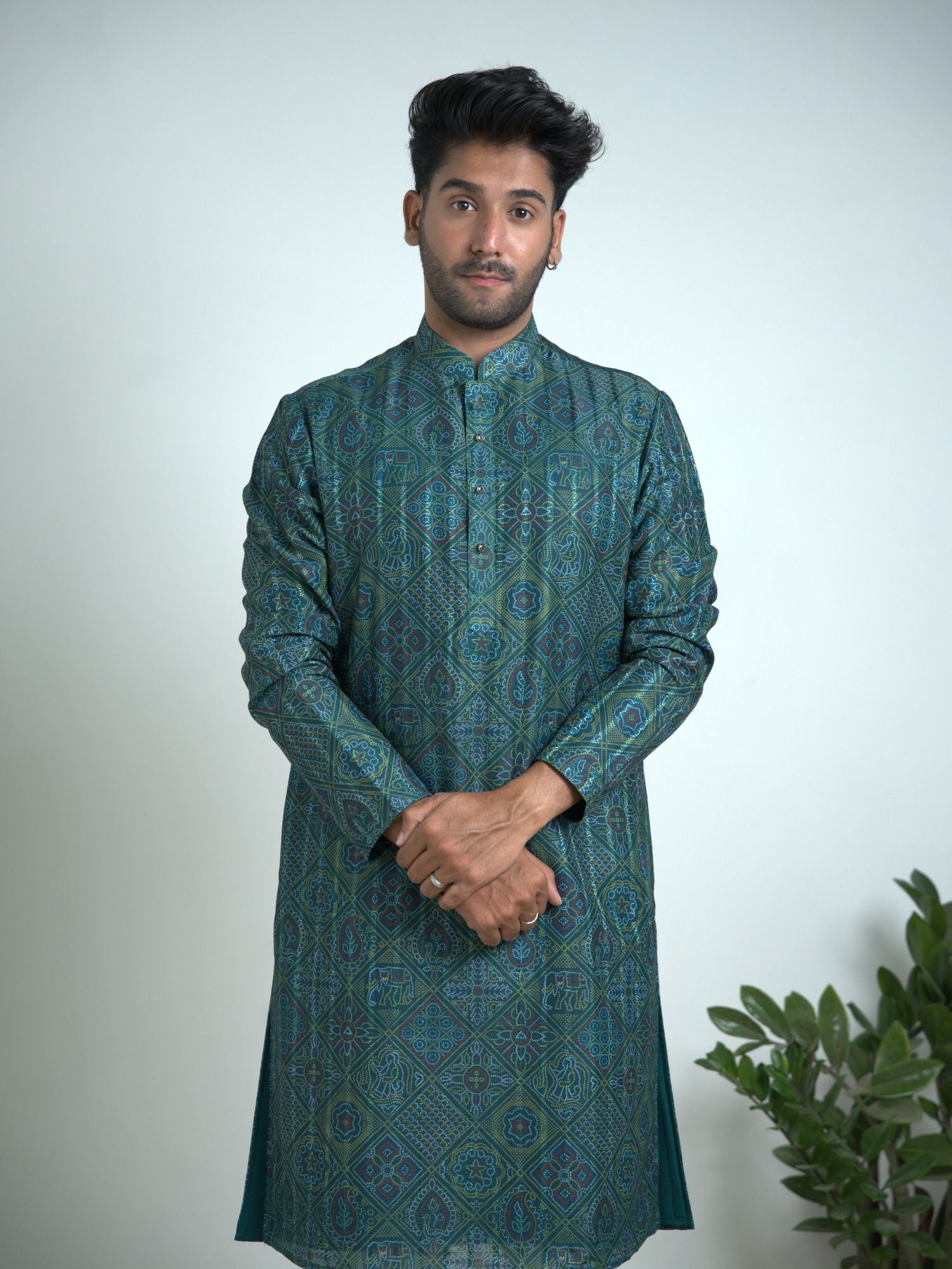 Rama green Bandej Print silk kurta trouser set.