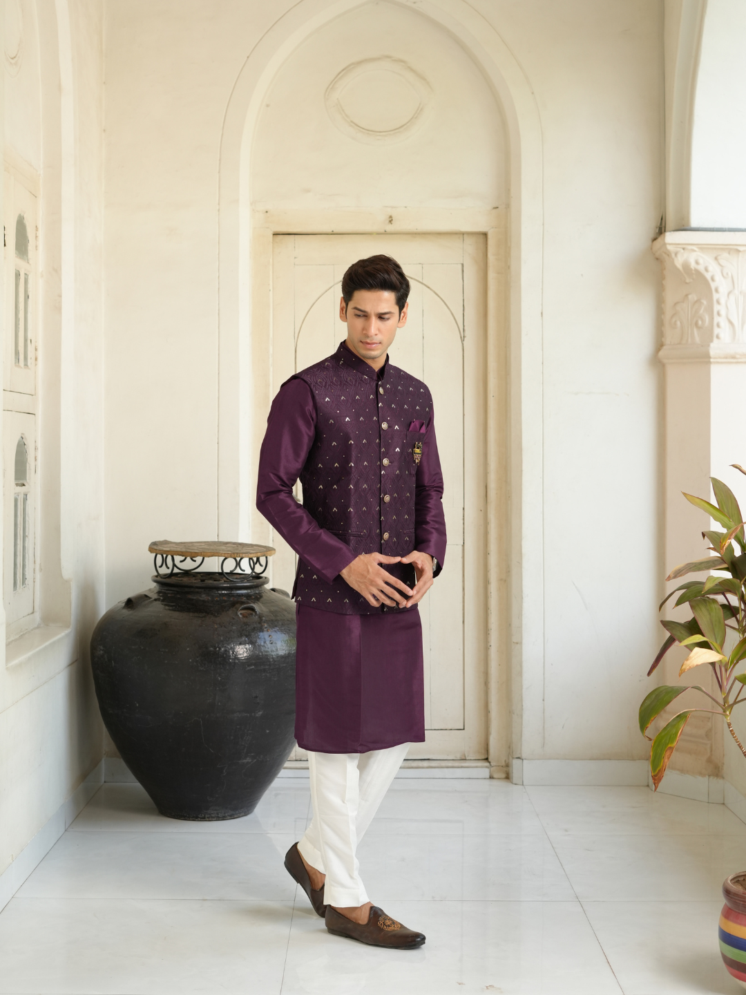 Purple Kurta Nehru Jacket Trouser Set