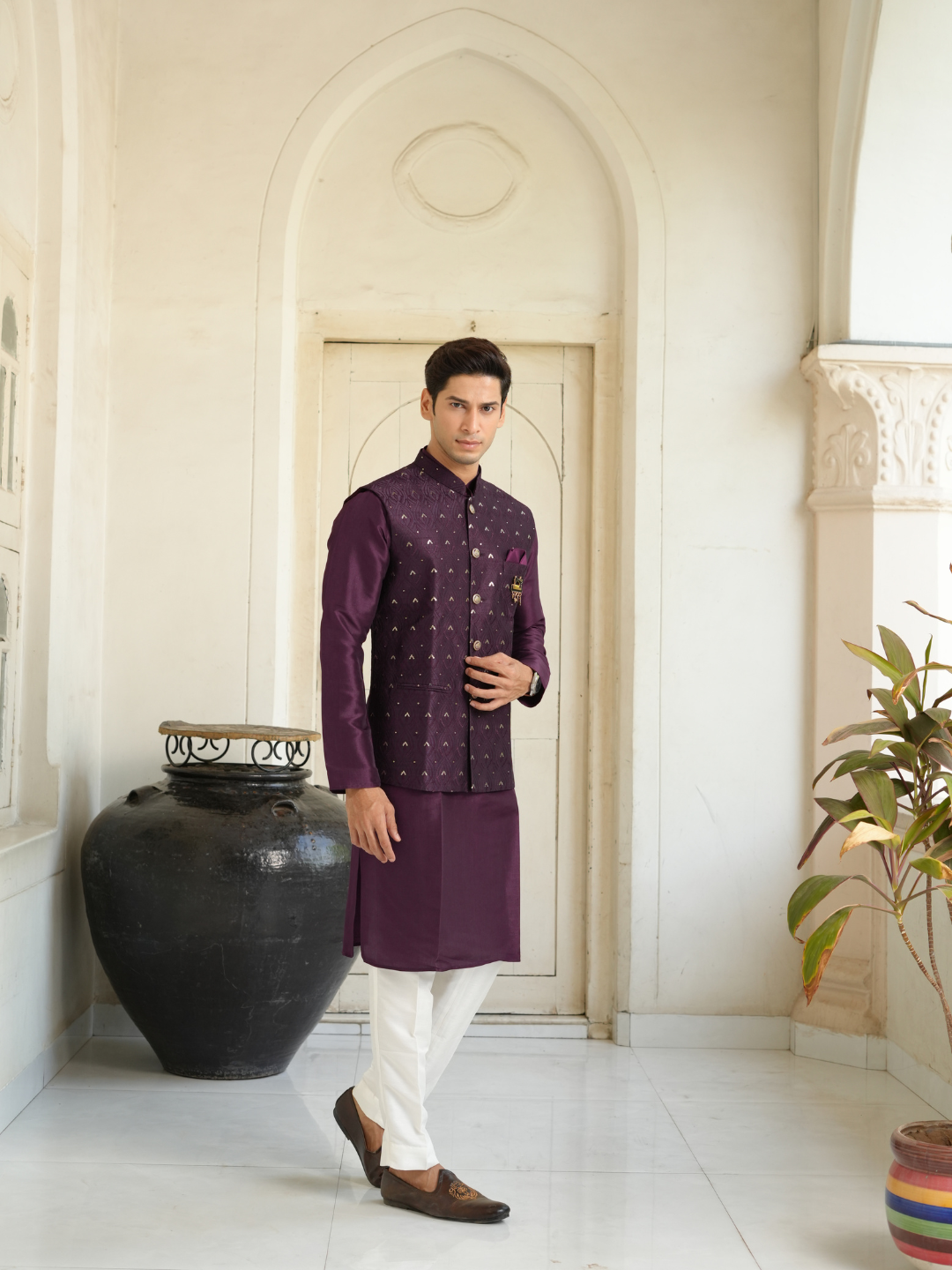 Purple Kurta Nehru Jacket Trouser Set