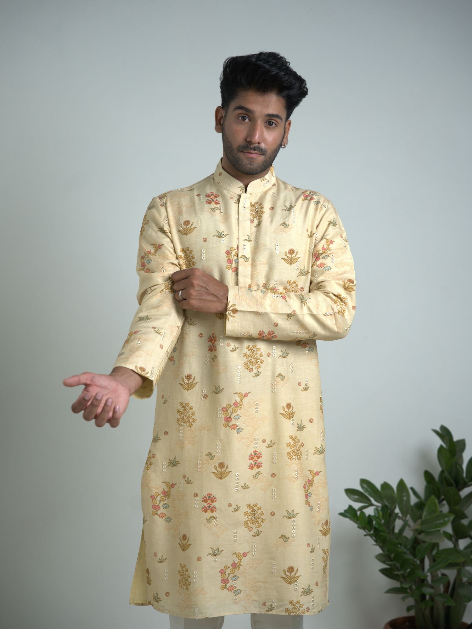 Cream Tusser Silk With Mirror Work Kurta Trouser Set