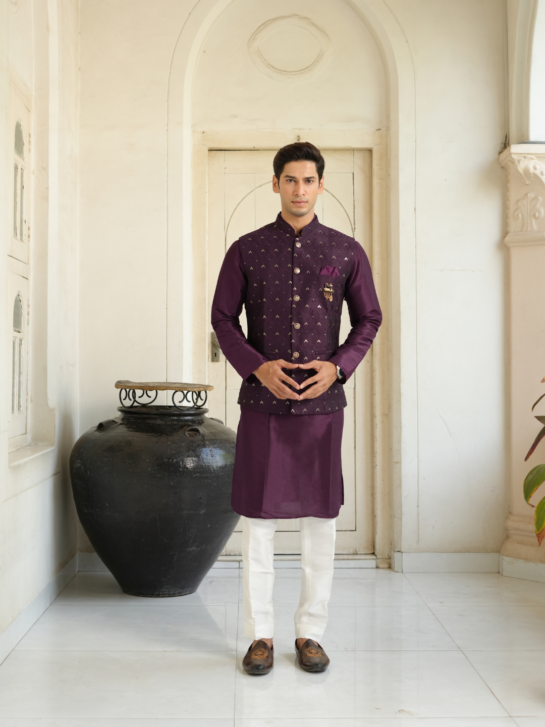 Purple Kurta Nehru Jacket Trouser Set