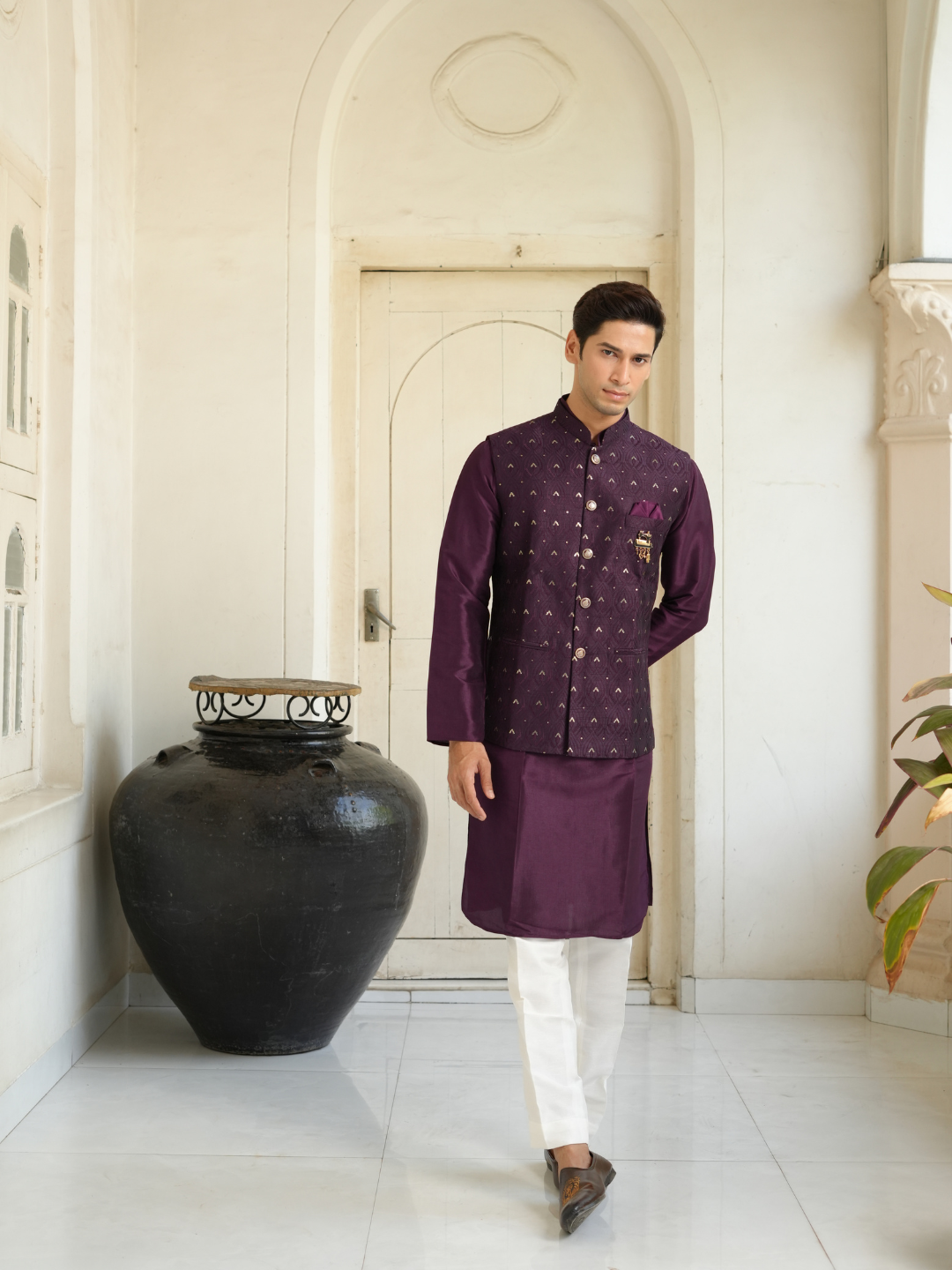 Purple Kurta Nehru Jacket Trouser Set