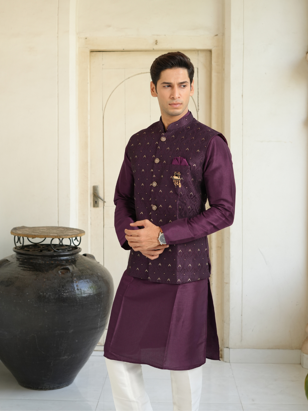 Purple Kurta Nehru Jacket Trouser Set