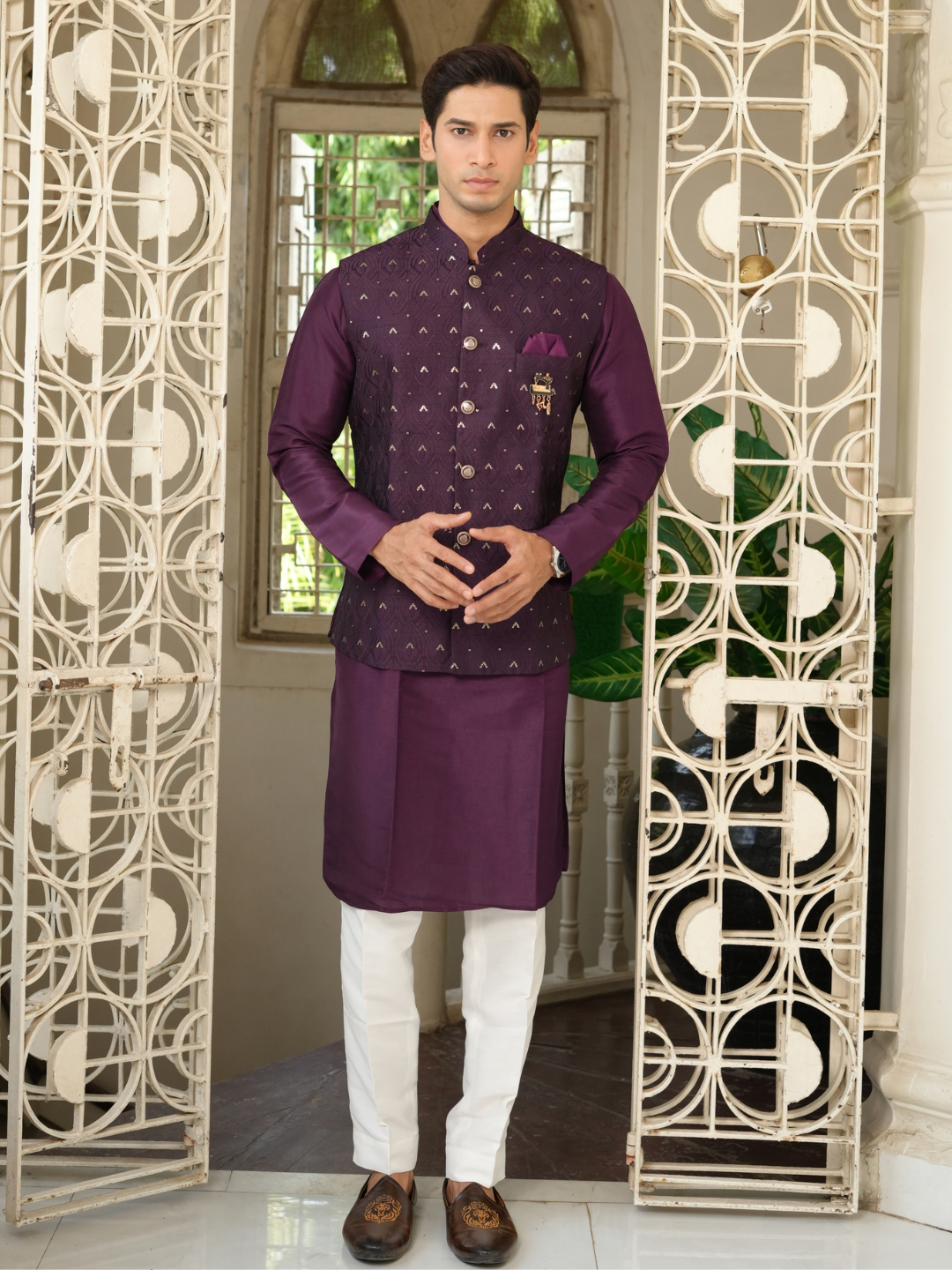 Purple Kurta Nehru Jacket Trouser Set
