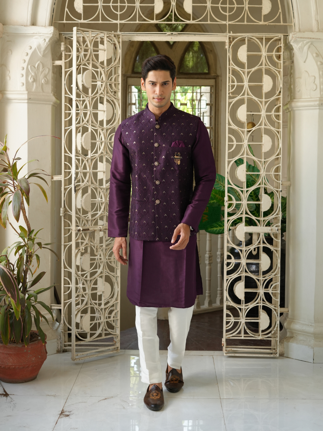 Purple Kurta Nehru Jacket Trouser Set