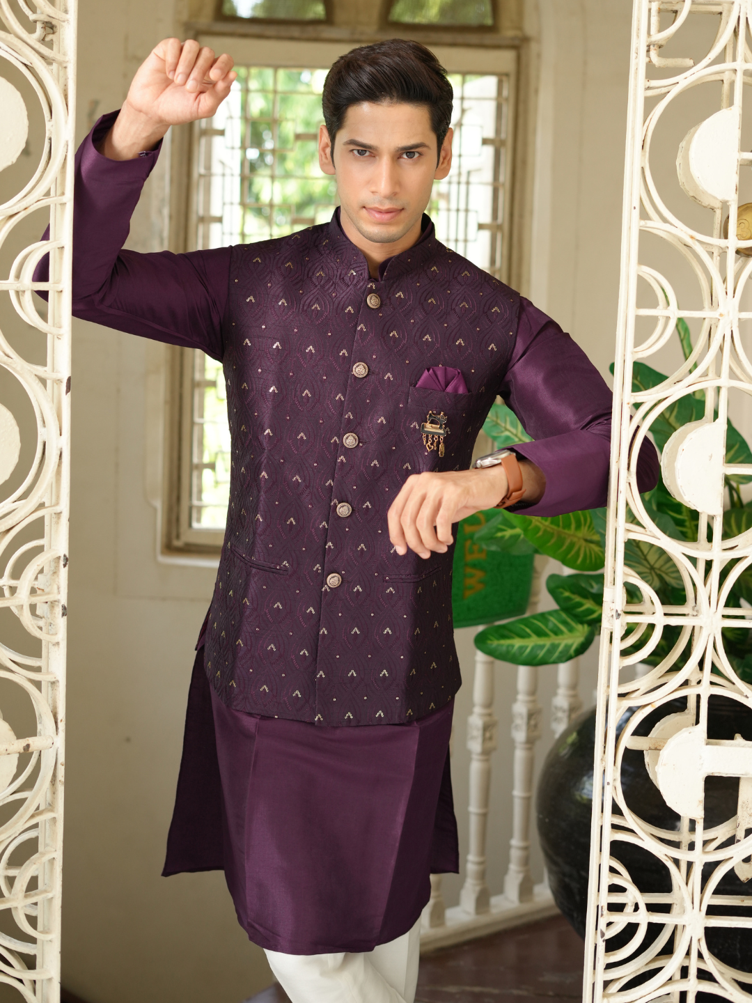 Purple Kurta Nehru Jacket Trouser Set
