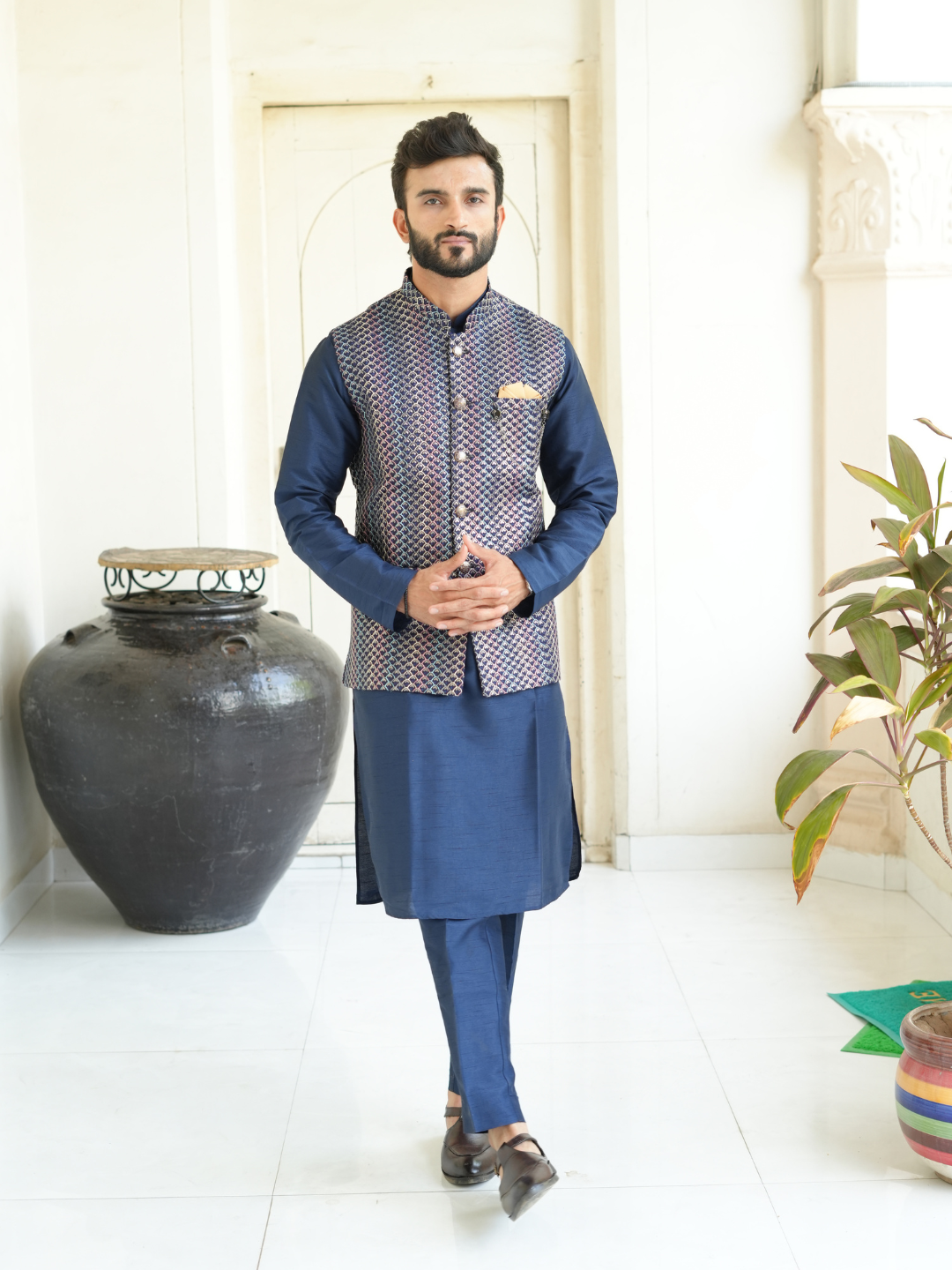 Men Navy Blue Kurta Nehru Jacket Trouser Set