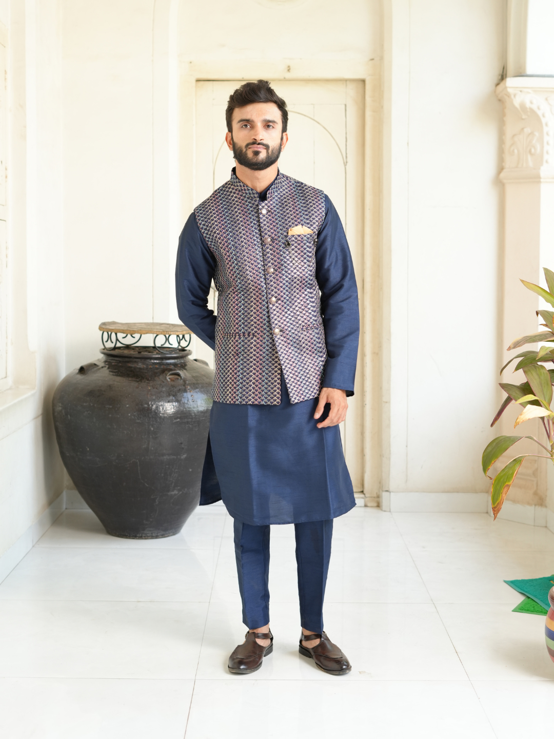 Men Navy Blue Kurta Nehru Jacket Trouser Set