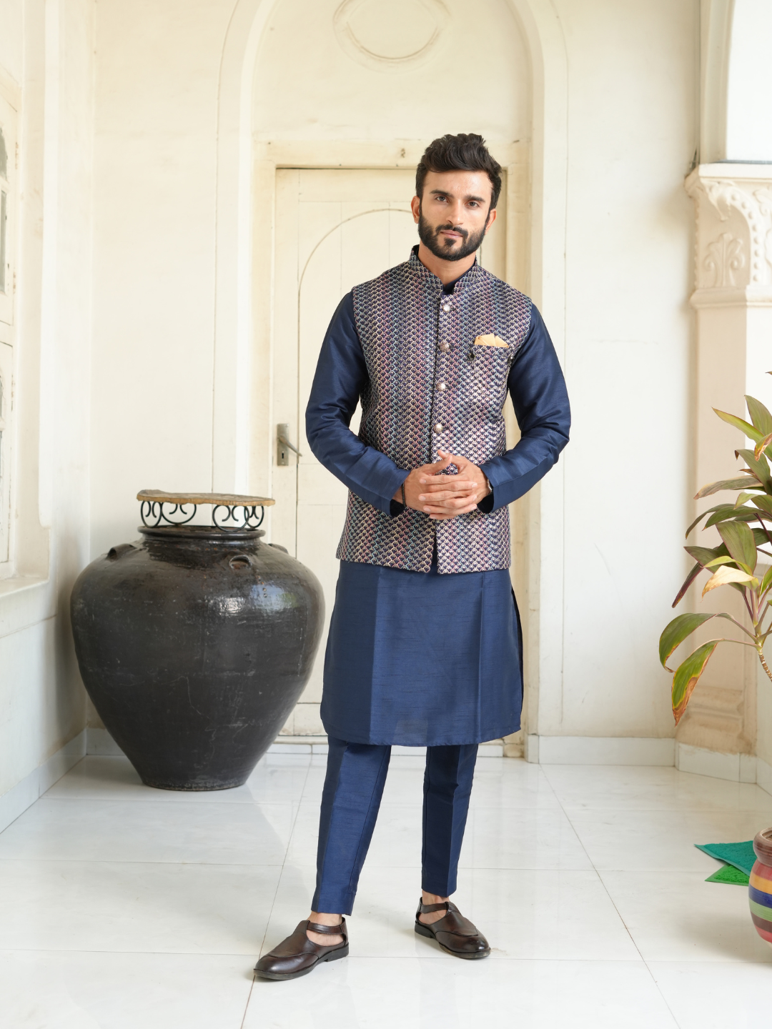 Men Navy Blue Kurta Nehru Jacket Trouser Set