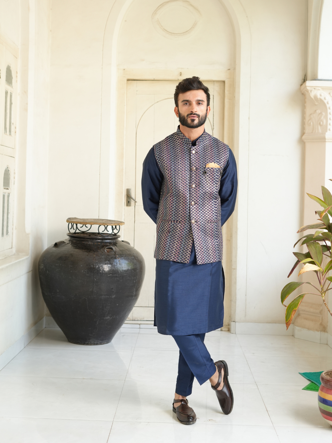 Men Navy Blue Kurta Nehru Jacket Trouser Set