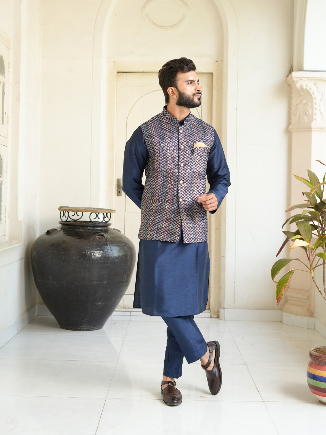 Men Navy Blue Kurta Nehru Jacket Trouser Set
