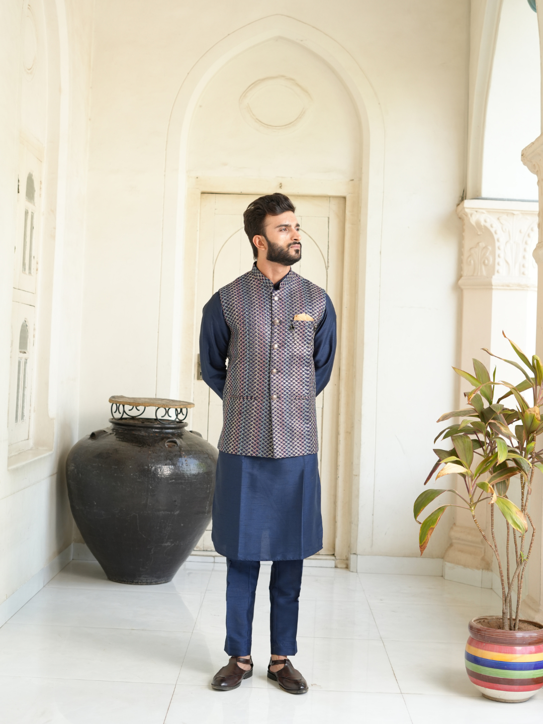 Men Navy Blue Kurta Nehru Jacket Trouser Set