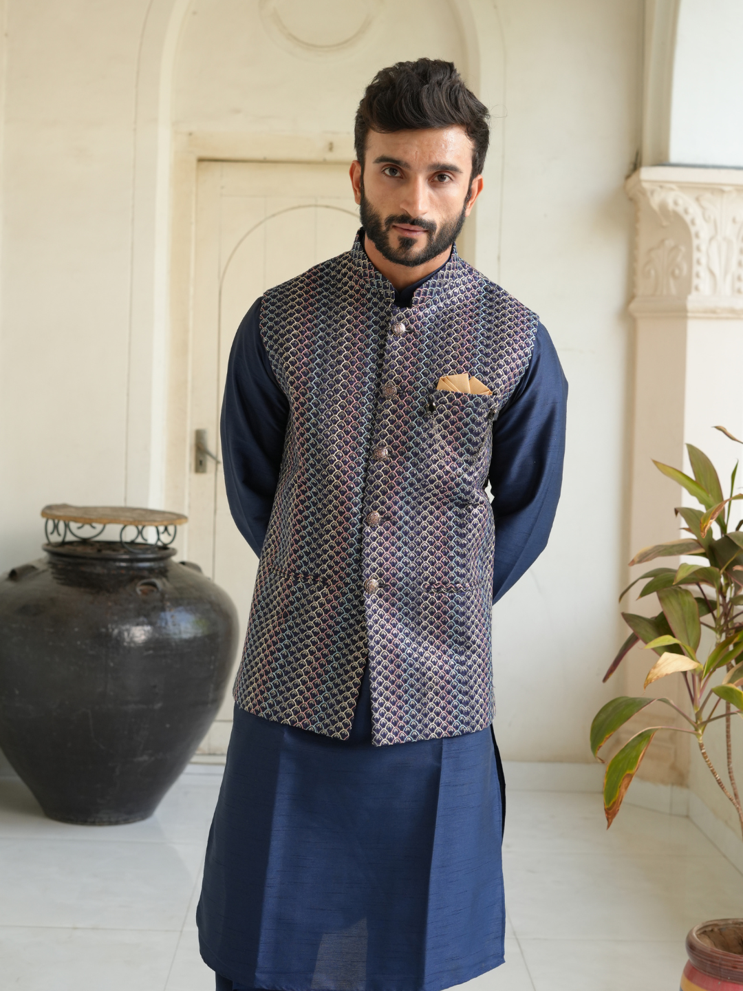 Men Navy Blue Kurta Nehru Jacket Trouser Set