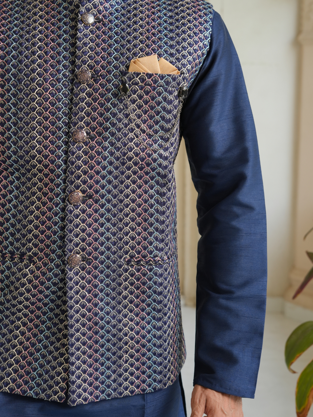 Men Navy Blue Kurta Nehru Jacket Trouser Set