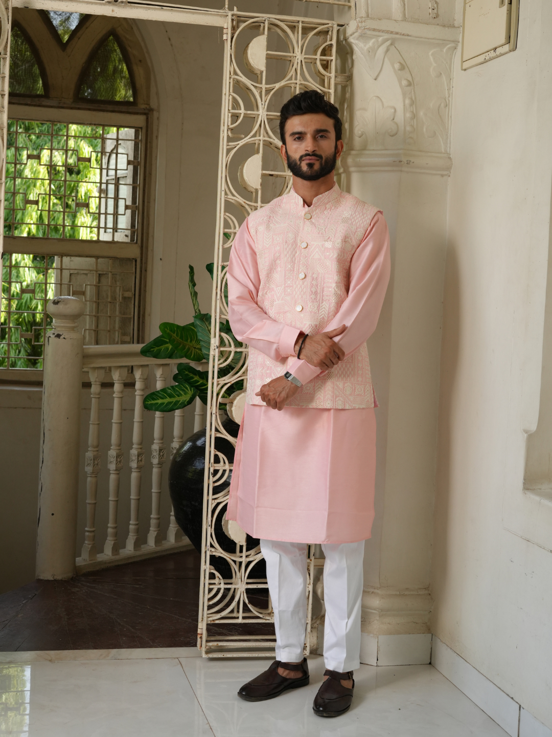 Pink Kurta Chikankari Jacket Trouser Set