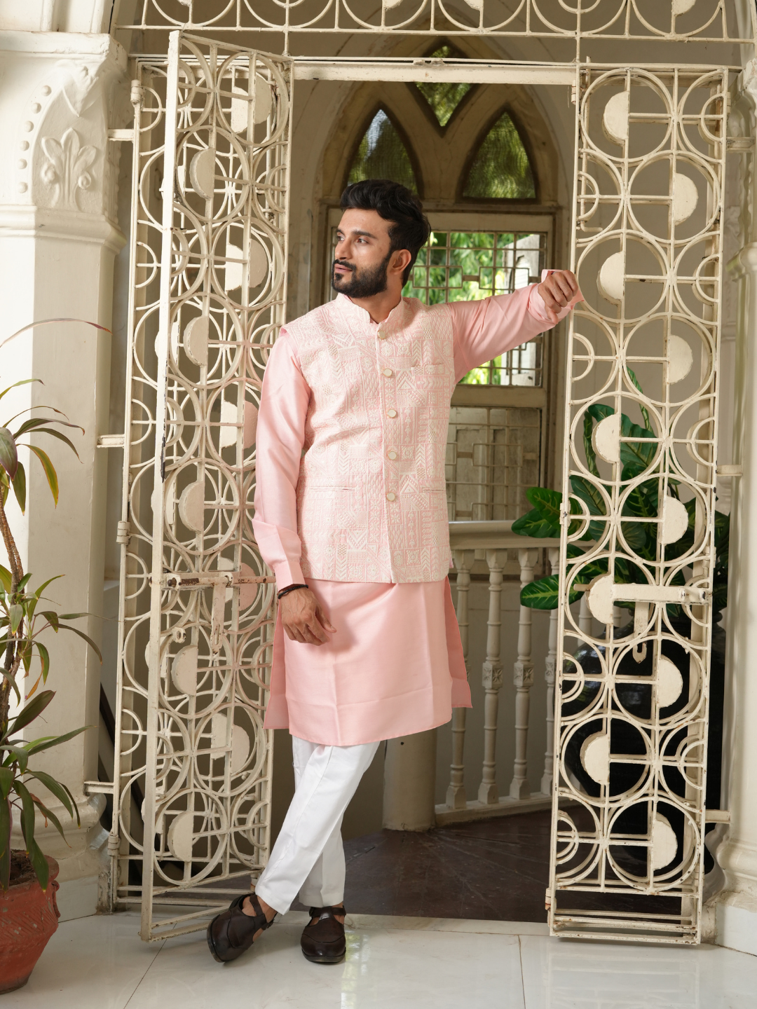 Pink Kurta Chikankari Jacket Trouser Set