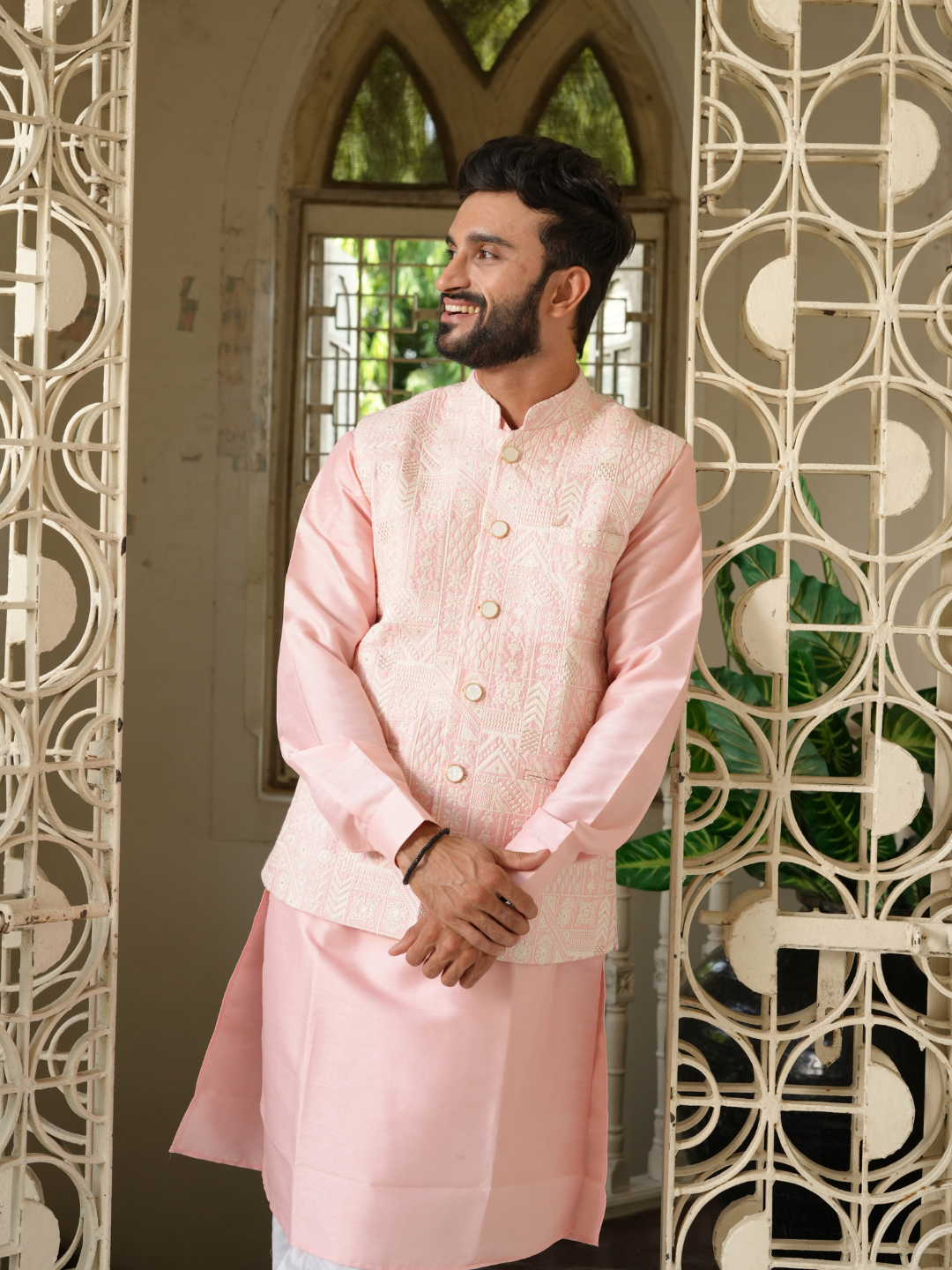 Magnet Men's Pink Kurta Chikankari Jacket Trouser Set