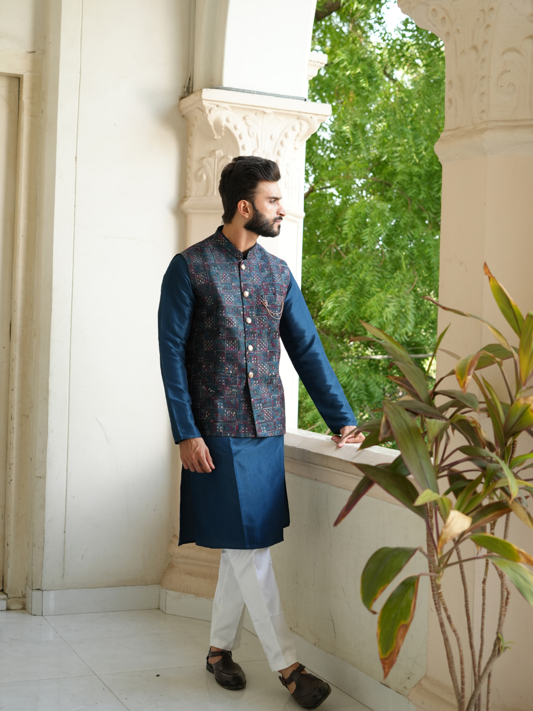Teal Blue Kurta Nehru Jacket Trouser Set