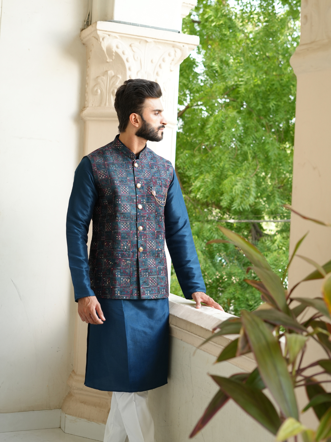 Teal Blue Kurta Nehru Jacket Trouser Set