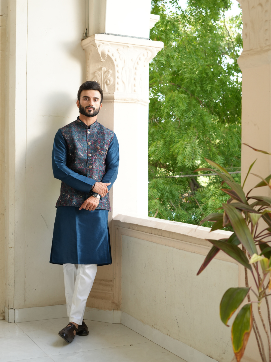 Teal Blue Kurta Nehru Jacket Trouser Set