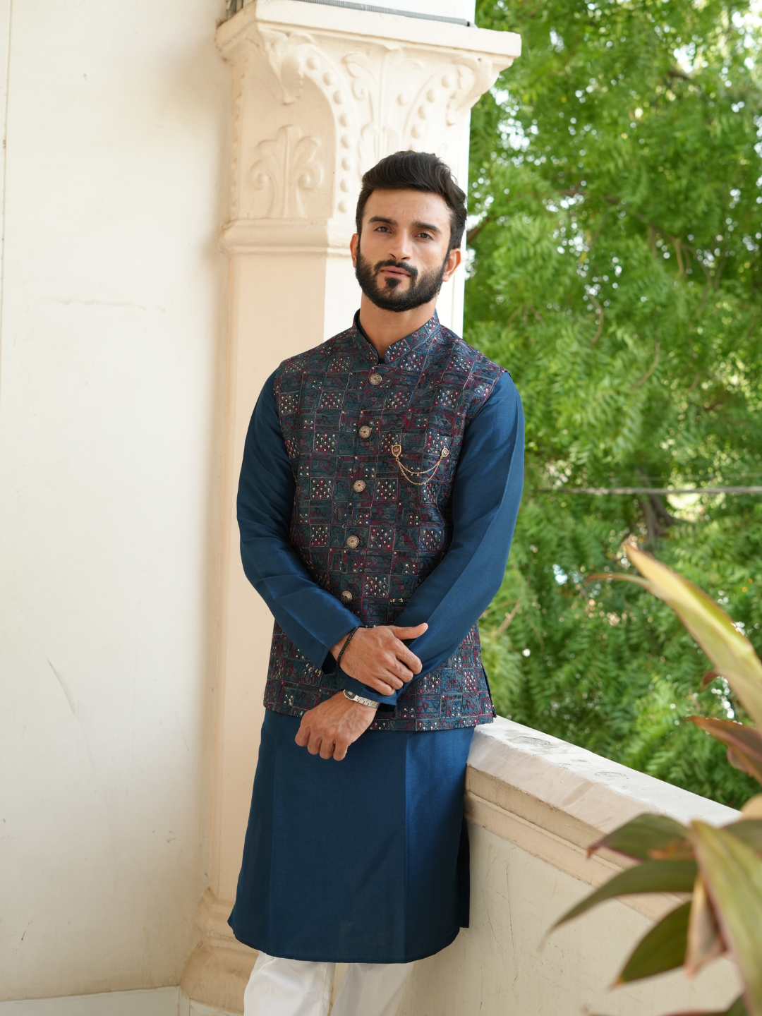 Teal Blue Kurta Nehru Jacket Trouser Set