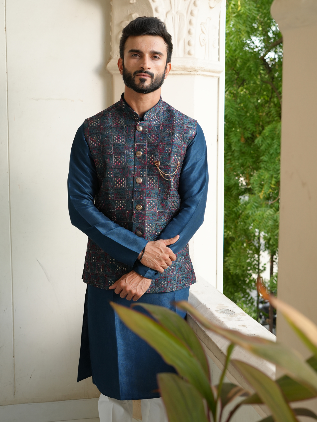 Teal Blue Kurta Nehru Jacket Trouser Set
