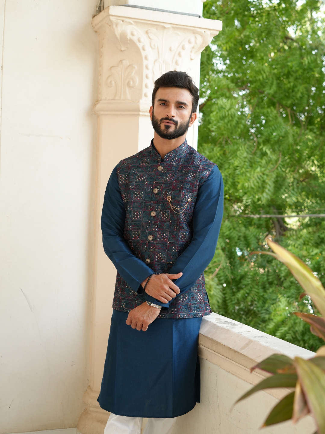 Teal Blue Kurta Nehru Jacket Trouser Set