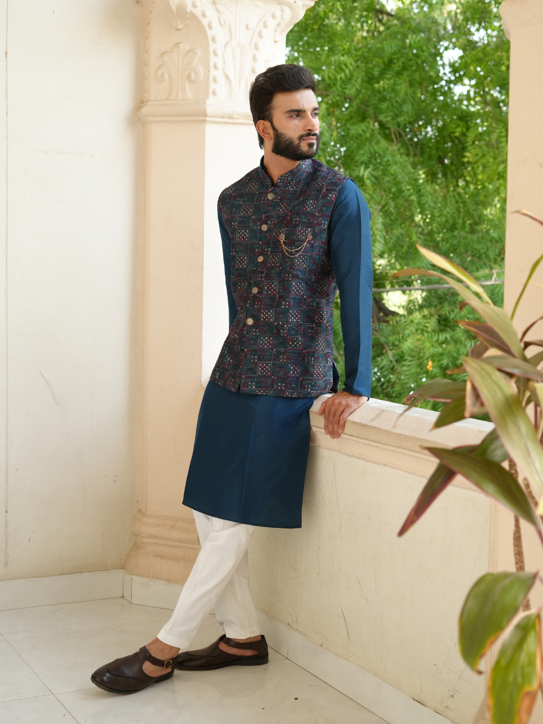 Teal Blue Kurta Nehru Jacket Trouser Set