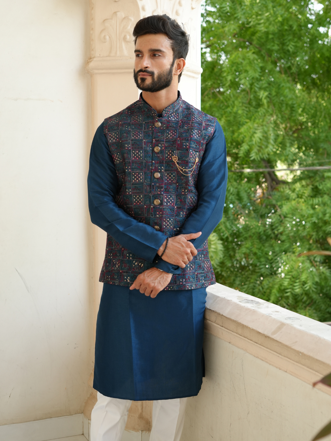 Teal Blue Kurta Nehru Jacket Trouser Set