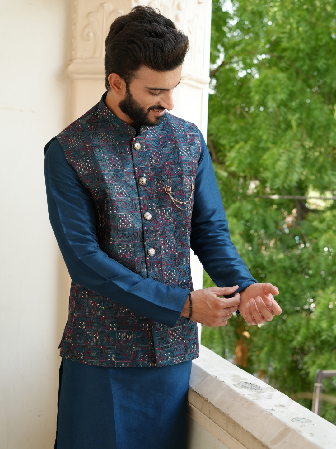 Teal Blue Kurta Nehru Jacket Trouser Set