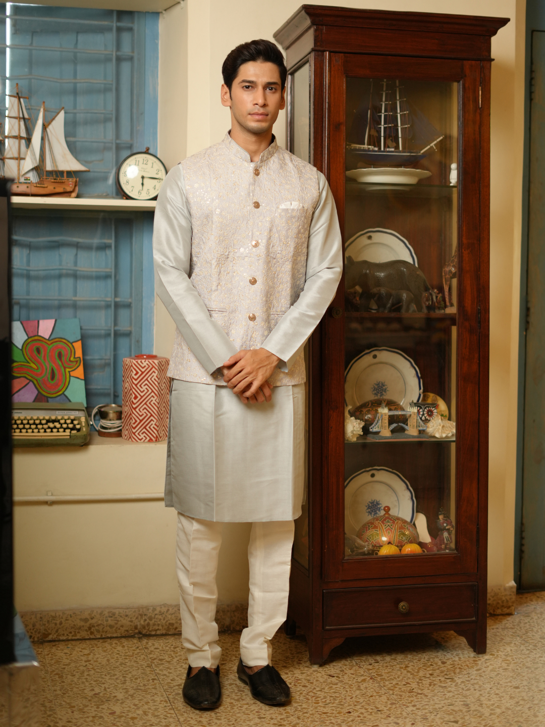 Men Grey Kurta Nehru Jacket Trouser Set