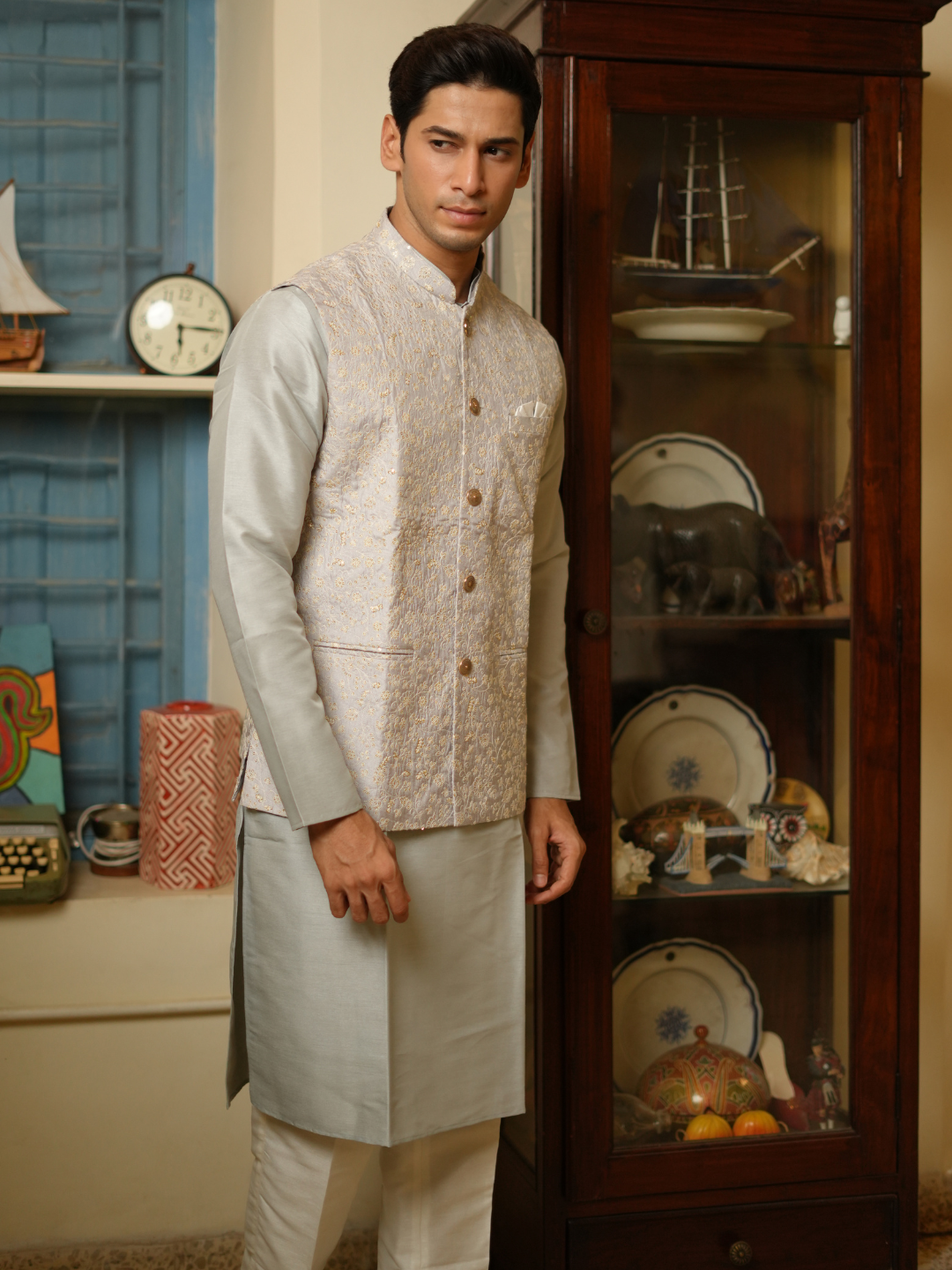 Men Grey Kurta Nehru Jacket Trouser Set