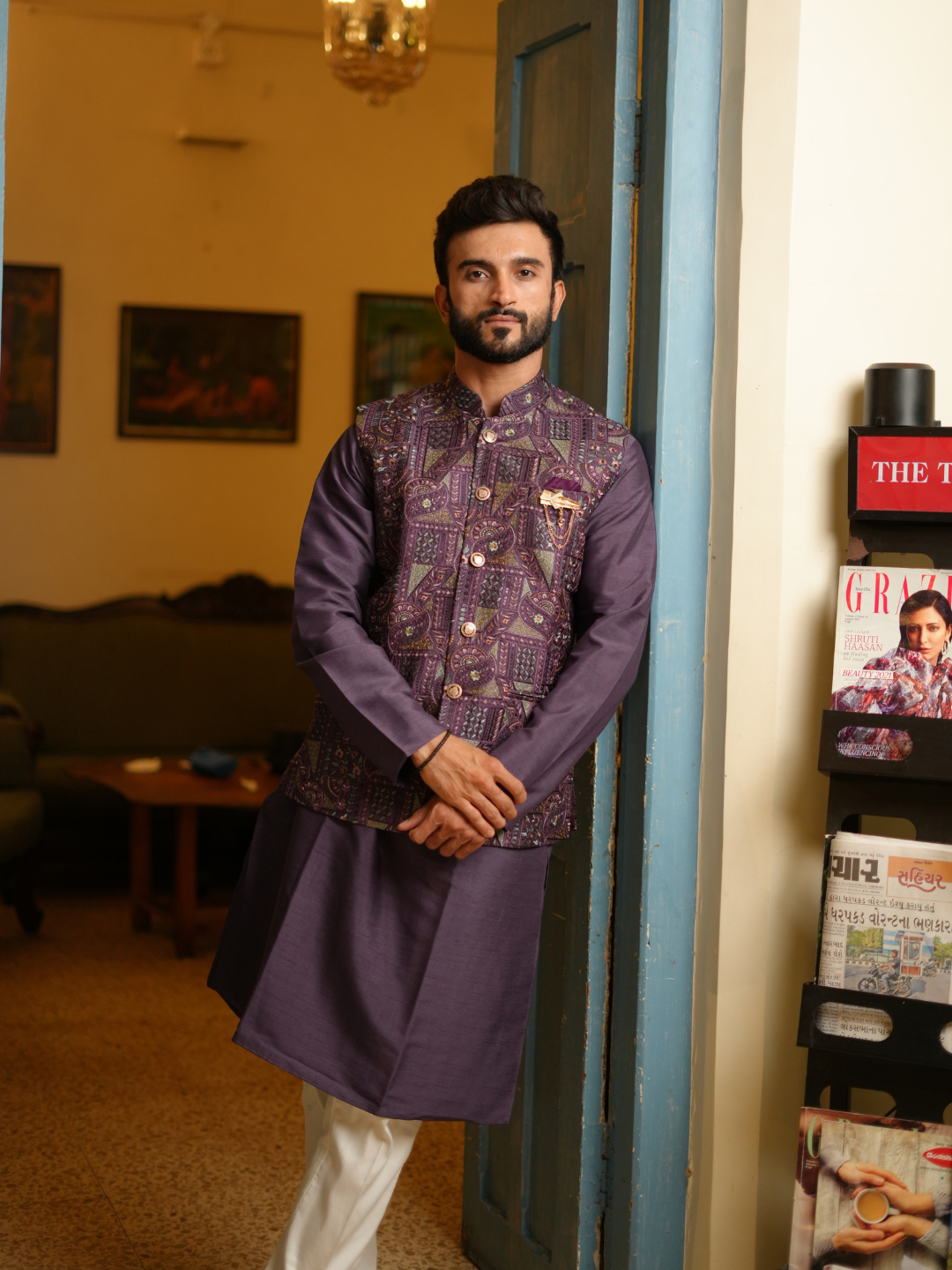 Men Purple Kurta Nehru Jacket Trouser Set