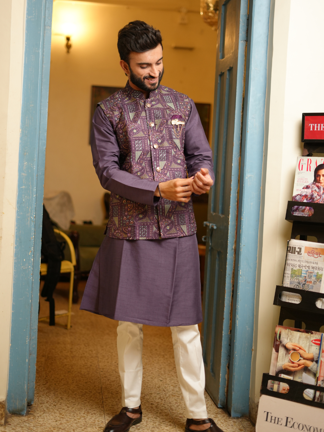 Men Purple Kurta Nehru Jacket Trouser Set
