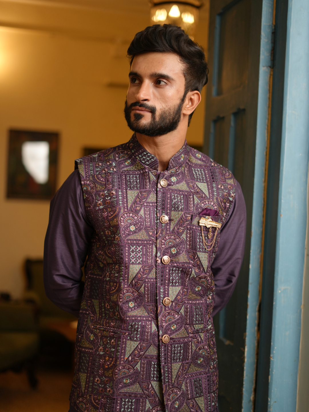 Men Purple Kurta Nehru Jacket Trouser Set