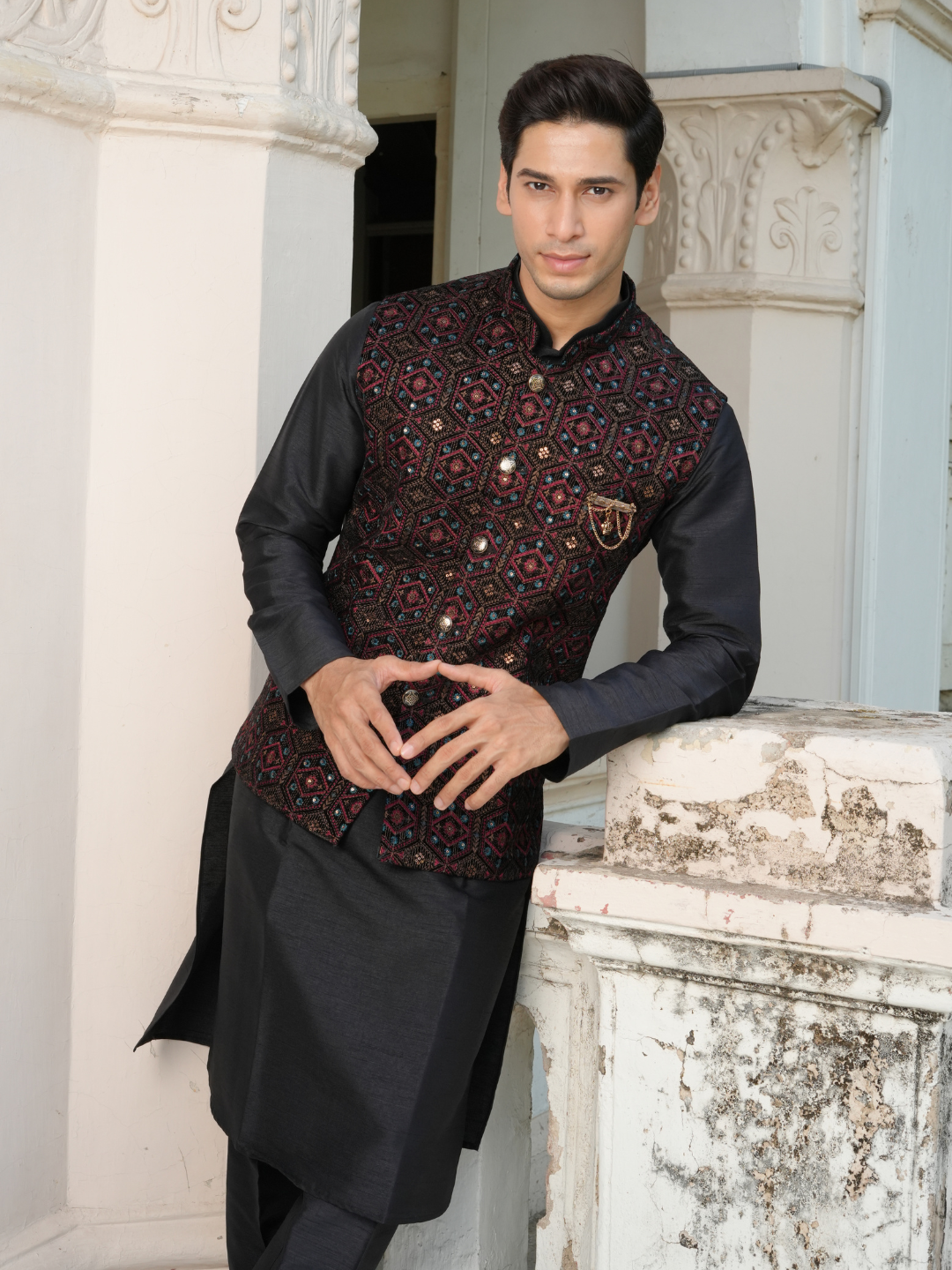 Black Kurta Velvet Nehru Jacket Trouser Set