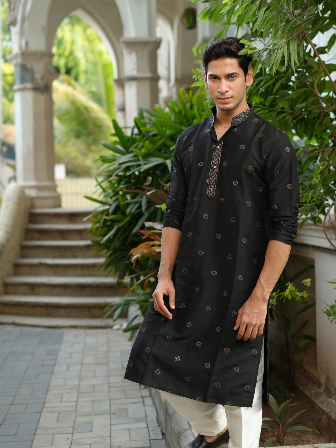 Magnet Men's Black Embroidered Kurta Trouser Set