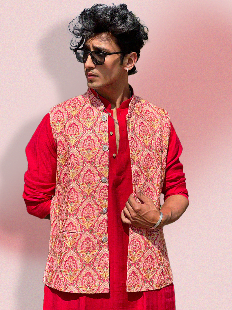 Red Position Print Nehru Jacket Set