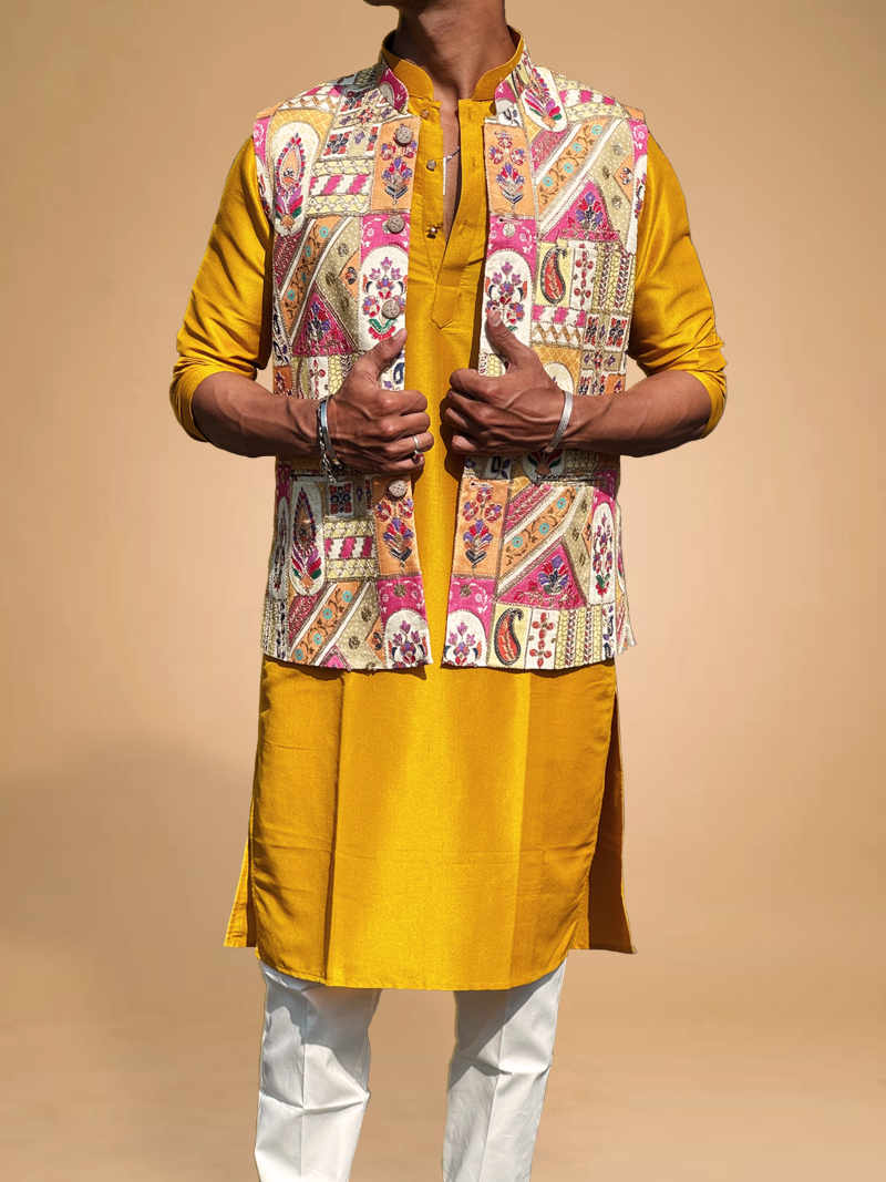 Yellow Position Print Kurta Koti Set