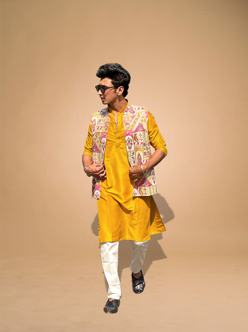 Yellow Position Print Kurta Koti Set