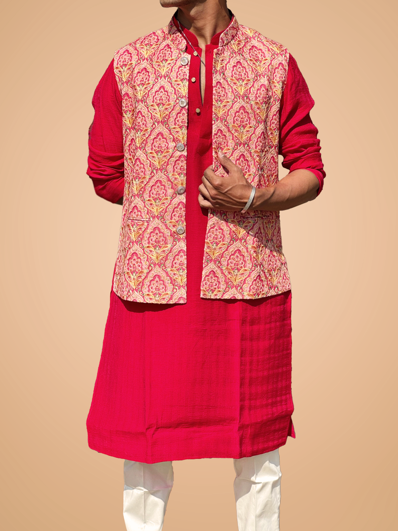 Red Position Print Nehru Jacket Set