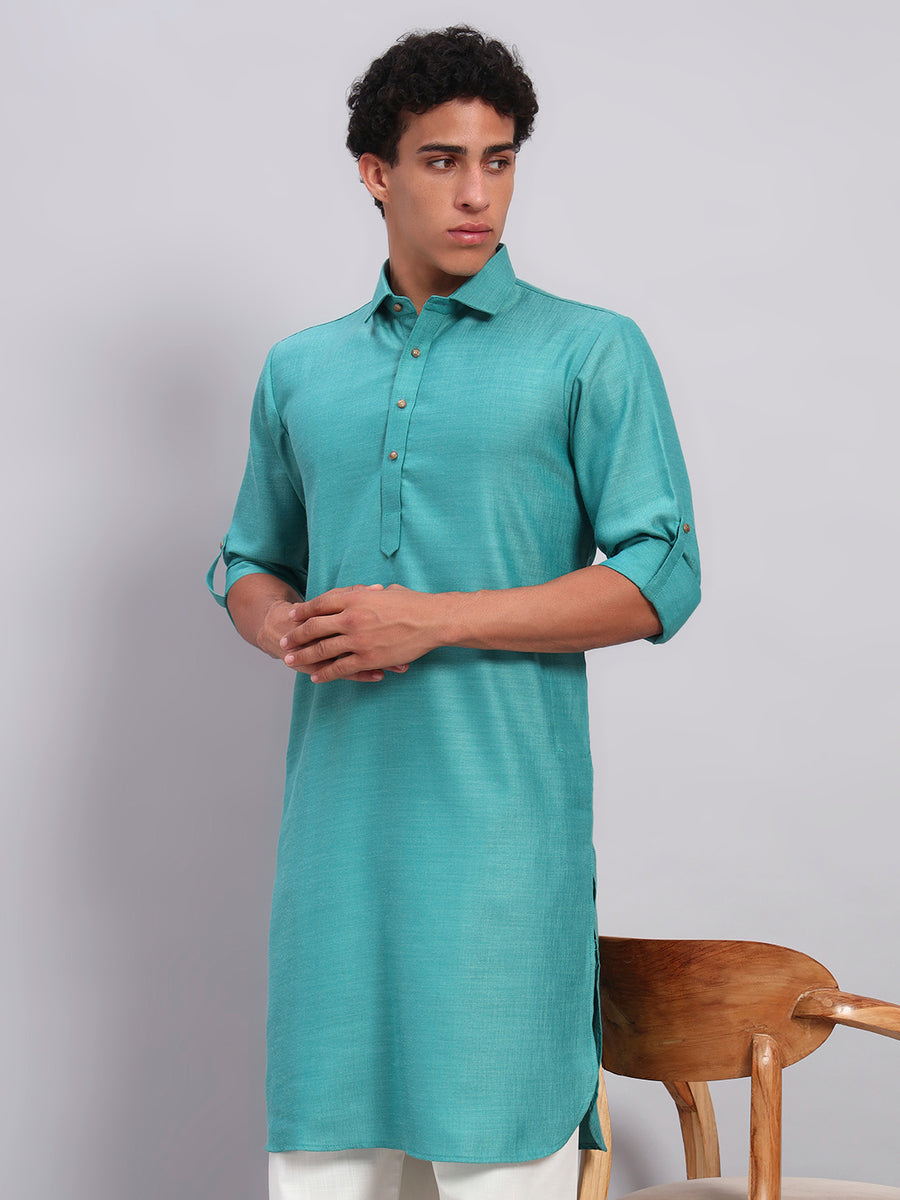 Men Rama Green Linen Blend Pathani Salwar Set
