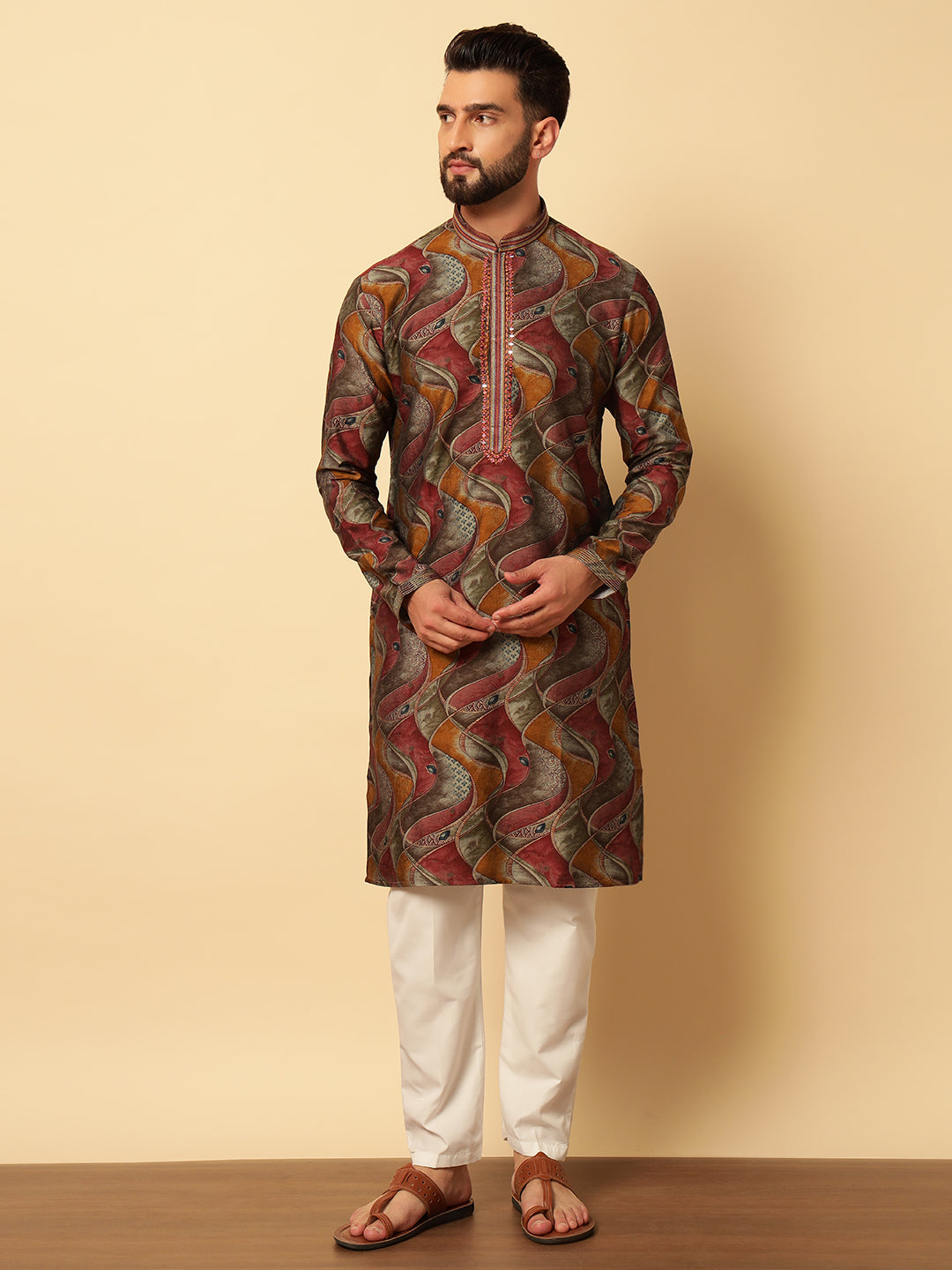 Magnet Men's Marron Printed Kurta Set