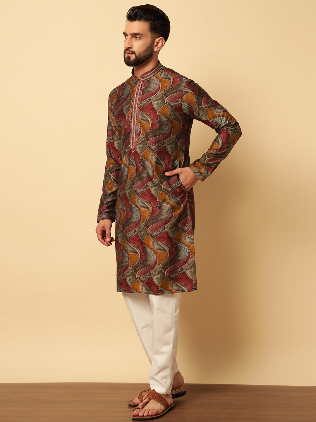 Magnet Men's Marron Printed Kurta Set